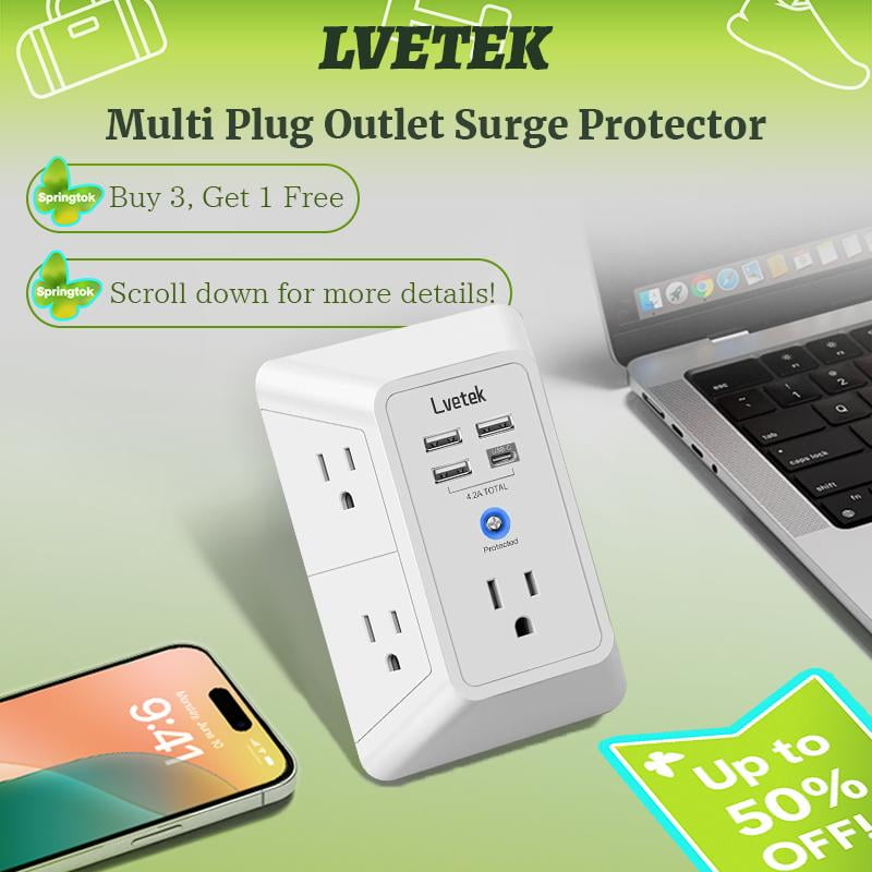 USB Wall Charger Surge Protector 5 Outlet Extender with 4 USB Ports (1 ...