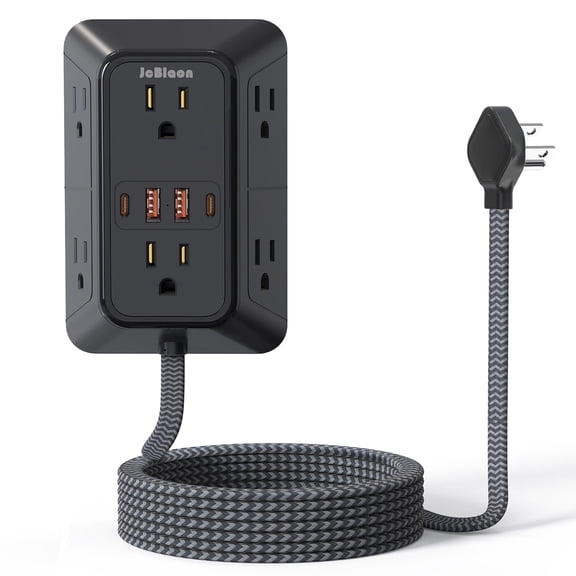 USB Wall Charger Surge Protector, 5ft Extension Cord Power Strip 6 Outlet Extender with 4 USB Charging Ports (2 USB C), 3-Sided 1050J Multi Plug Wall Outlet, Wall Mount for Home Travel Office, Black
