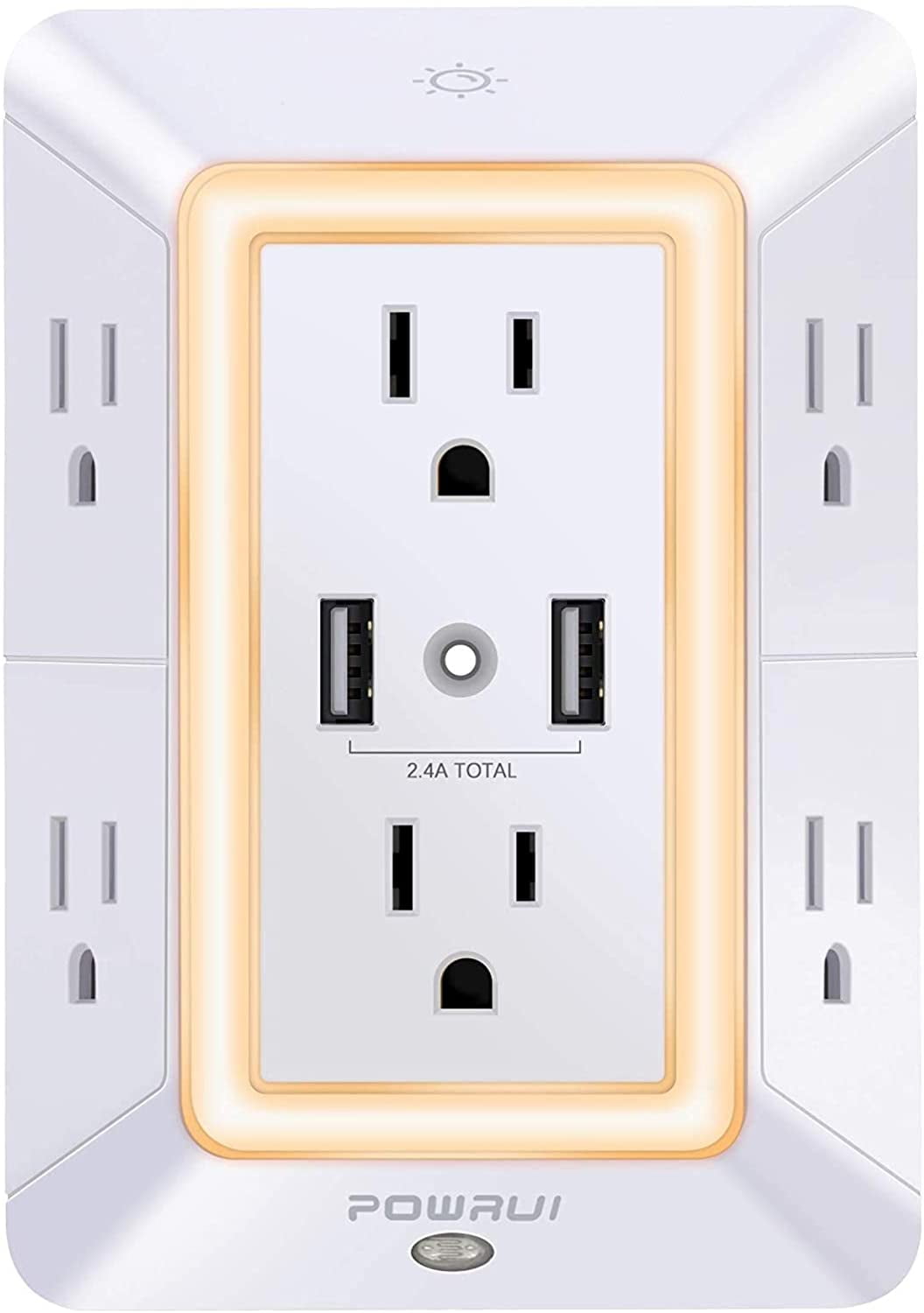 White 3-Sided Wall Tap with USB Ports and Night Light