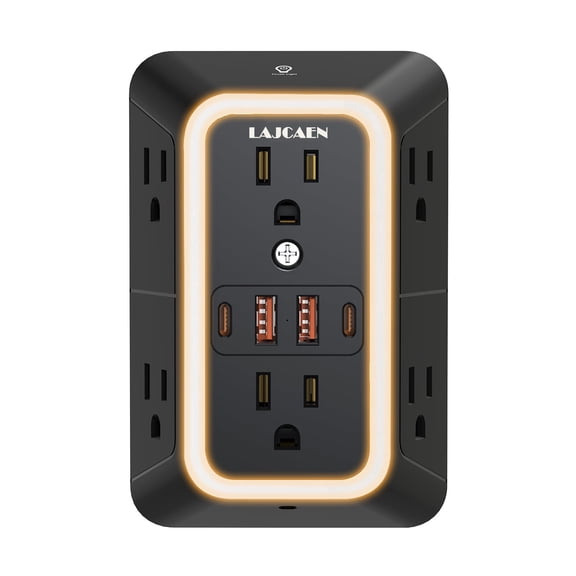 USB Wall Charger Surge Protector 6 Outlet Extender with 4 USB Charging Ports (2 USB C), 3-Sided 1875W Power Strip Multi Plug Outlets Adapter Widely Spaced,Black