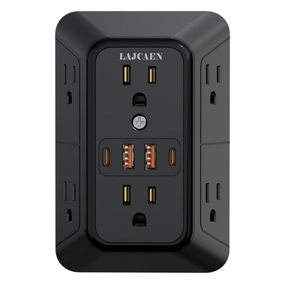 USB Wall Charger, Surge Protector, LAJCAEN 6 Outlet Extender with 4 USB Charging Ports (4.8A Total) 3-Sided 1050J Power Strip Multi Plug Outlets Wall Adapter Spaced for Home Travel Office, Black