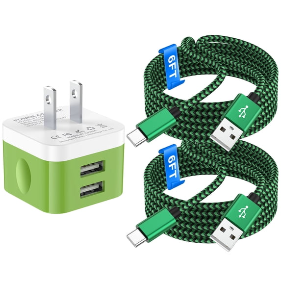 USB Wall Charger,Type C Charger with 2 Pack Type C Charging Cable Cord 6FT USB C Cable Phone Cables,2.4A Dual Port Phone Charger Android Charger Block USB Plug Adapter USB Charging Block,Green