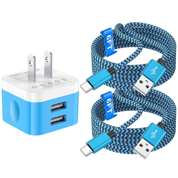 USB Wall Charger,Type C Charger with 2 Pack Type C Charging Cable Cord 6FT USB C Cable Phone Cables,2.4A Dual Port Phone Charger Android Charger Block USB Plug Adapter USB Charging Block,Blue