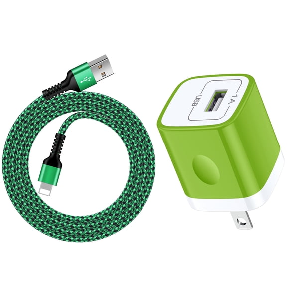 USB Wall Charger Compatible for iPhone,USB Chager Plug Box&Charger Cord,Fast Charging Block Adapter W/ Nylon Braided Charging Cord,Fast Charger Cable Cord Compatible for iPhone Device(Green）