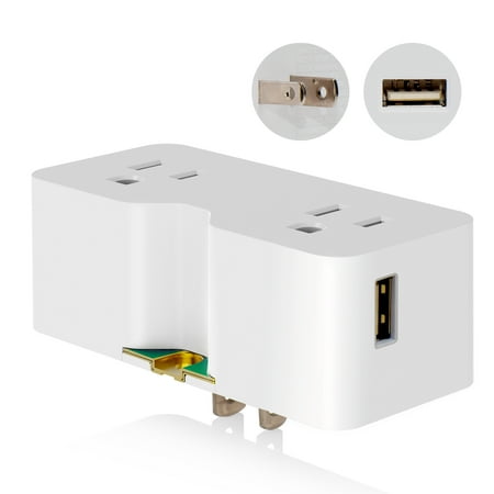 USB Wall Outlet Extender, Multi Plug Outlet Splitter with Two USB A Ports (4.2A in Total), Outlet Extender Wall Tap, 2 Prong to 3 Prong Grounding Adapter Plug, 125V, ETL Listed, White, 1 Pack