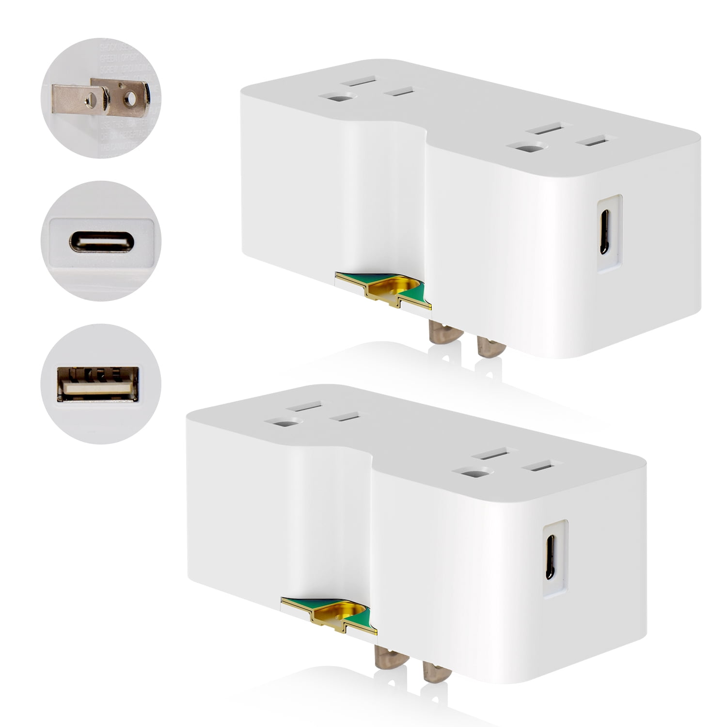 USB Wall Outlet Extender, Multi Plug Outlet Splitter with USB C & USB A Ports (4.2A in Total), Outlet Extender Wall Tap, 2 Prong to 3 Prong Grounding Adapter Plug, 125V, ETL Listed, White, 2 Pack