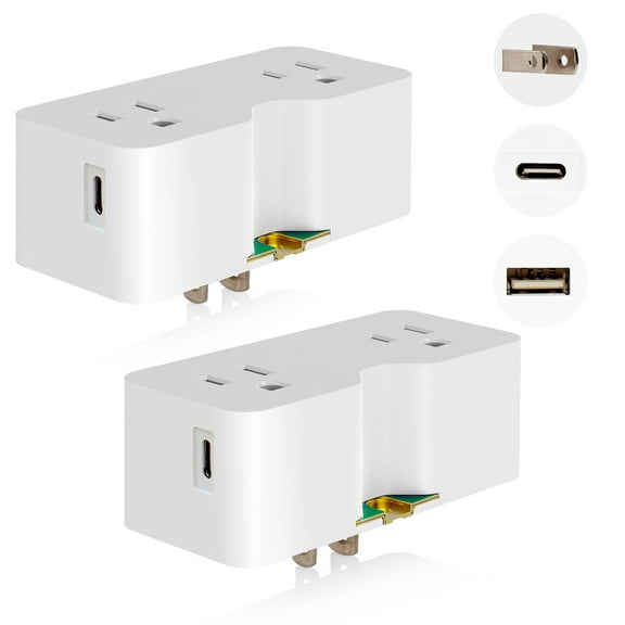 USB Wall Outlet Extender, Multi Plug Outlet Splitter with USB C & USB A Ports (4.2A in Total), Outlet Extender Wall Tap, 2 Prong to 3 Prong Grounding Adapter Plug, 125V, ETL Listed, White, 2 Pack