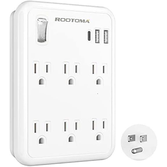 USB Wall Outlet Extender with On Off Switch, Surge Protector Outlet,6 AC Multi-Plug with 3 USB Ports (1 USB C), 490 Joules, Flat Socket Splitter with Spaced Outlet for Home, Office, College