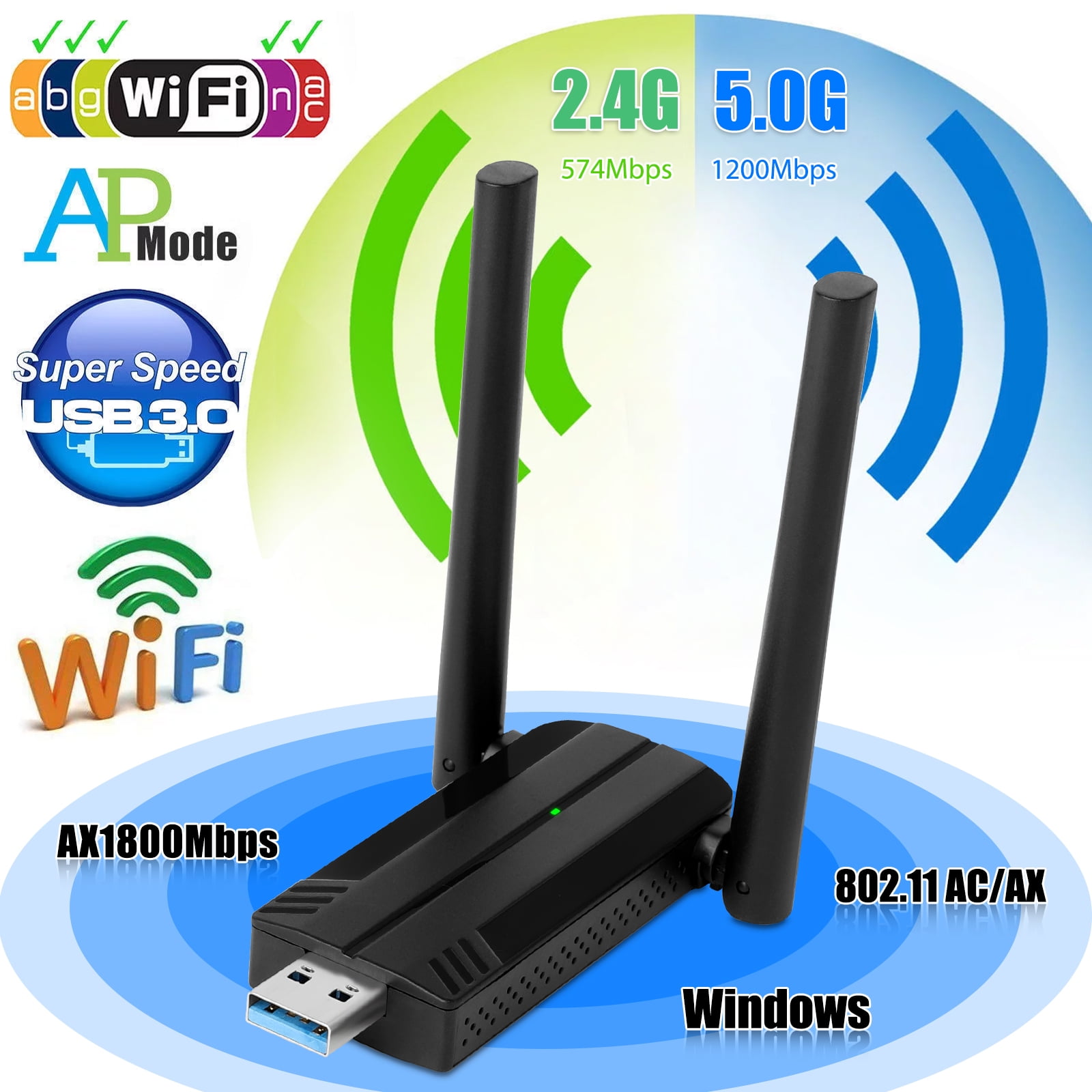 1800Mbps Receptor Wifi 6 Adaptador Tarjeta de red USB Wireless Wifi 5  Dongle Dual Band 5GHz Largo alcance Wireless Wifi6 Tarjeta Antena