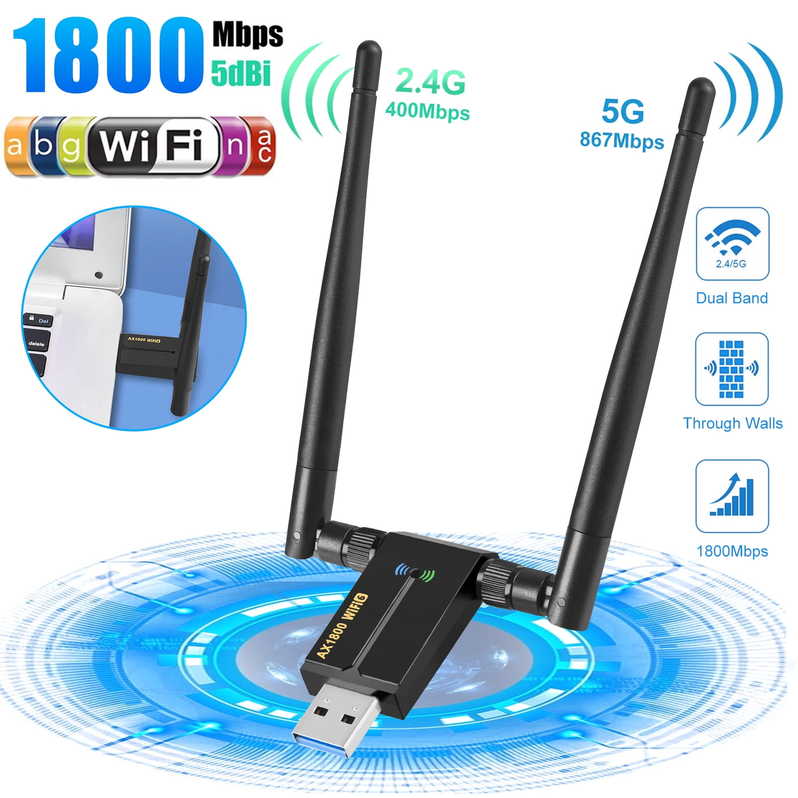 USB WiFi 6 Adapter for PC, TSV AX1800Mbps Dual Band 2.4GHz/5GHz