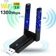 USB WiFi Adapter for Desktop, 1300Mbps USB 3.0 Wireless Network Dongle for PC, 802.11AC Dual Band 2.4/5GHz, 2 x 5dBi High Gain WiFi Antennas Fit for Linux Mac OS 10.4-10.15 Windows XP/Vista/7/8/10