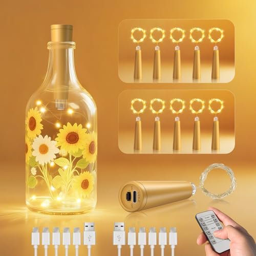 USB Wine Bottle Lights with Cork, 10pcs LED Mini Fairy Lights Rechargeable with Timer Remote, Indoor String Lights for DIY Bottles Christmas Tree Halloween Room Gift Decor, Warm White