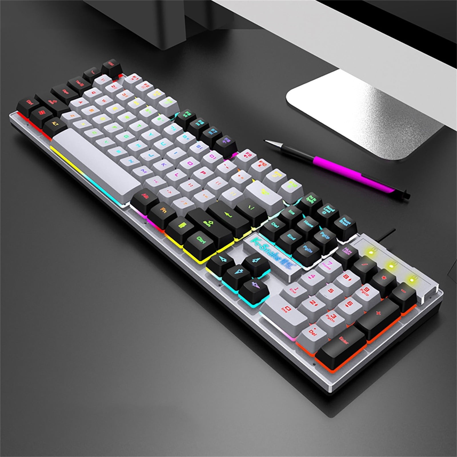 USB Wired Gaming Keyboard With Rainbow LED Backlight Silent Floating