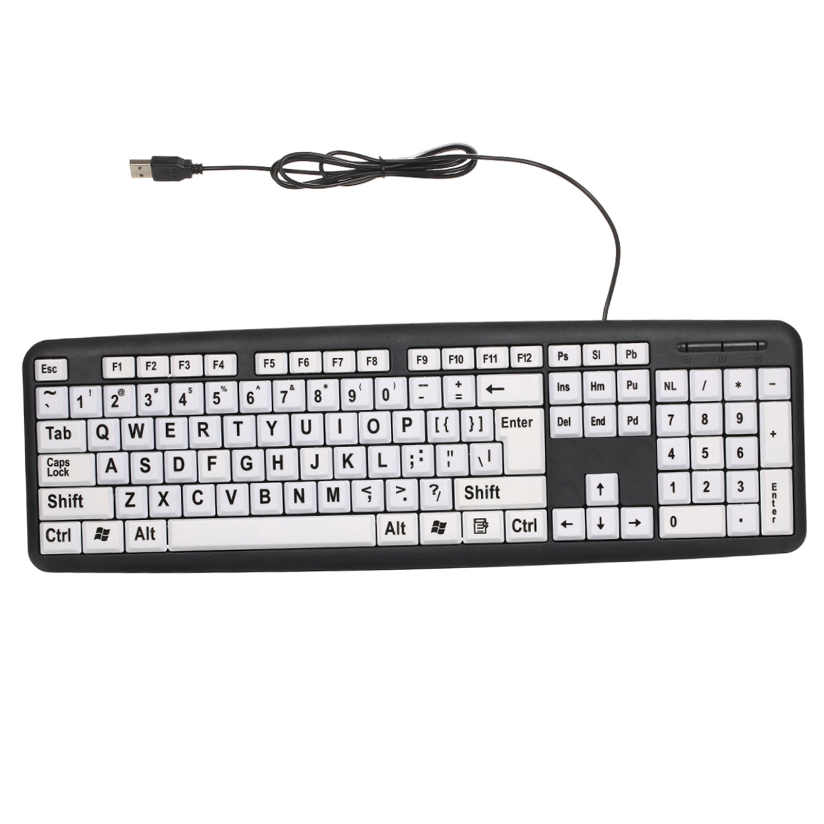 USB Wired Keyboard for Low Vision Users with Large White Keys Black