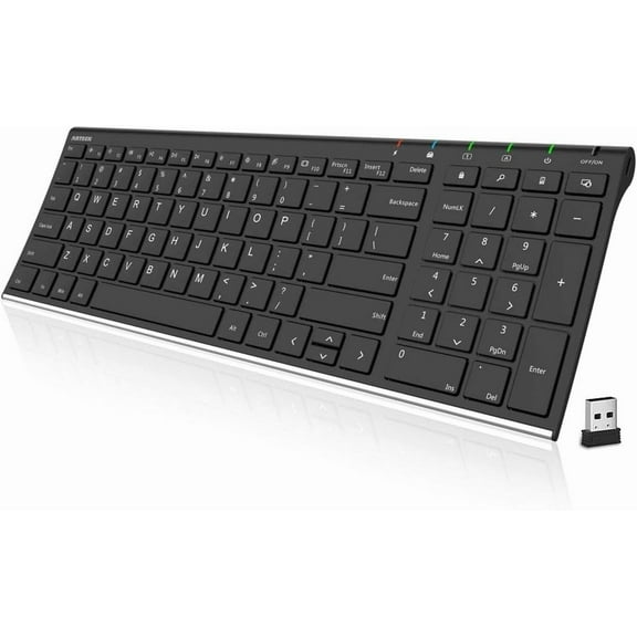 USB Wireless Keyboard Stainless Steel Ultra Slim Keyboard with Numeric Keypad for Computer/PC/Laptop and Windows 11/10/8 Rechargeable Battery