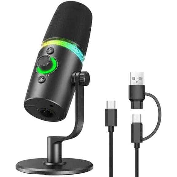 USB/XLR Dynamic Microphone Podcast & Gaming Microphone for PC, Vocal Mic with RGB Lighting, Tap-to-Mute, Gain Control & Headphone Monitoring for YouTube Streaming$$Music
