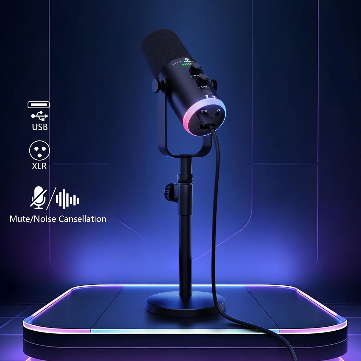 USB XLR Dynamic Podcast Microphone with RGB Lighting for Streaming Gaming