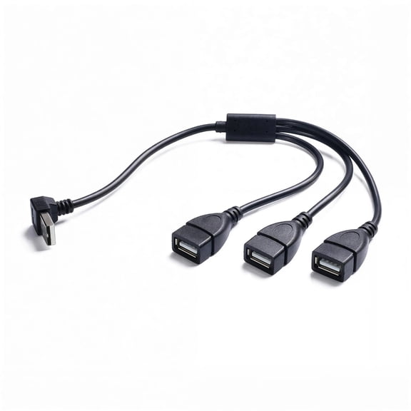 USB Y Splitter Adapter Featuring Angled Connector Design Enabling Simultaneous Power and Data to Three Devices