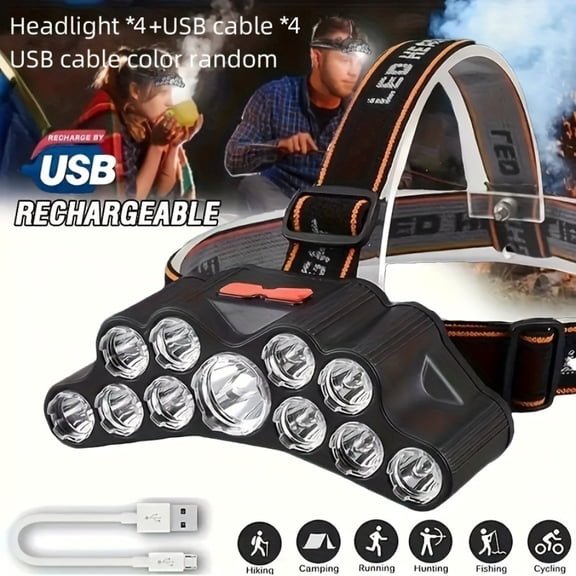 USB charging LED super bright headlight, equipped with 11 LED beads, portable rechargeable head mounted flashlight, outdoor hiking, camping, night fishing, mountain climbing emergency lantern
