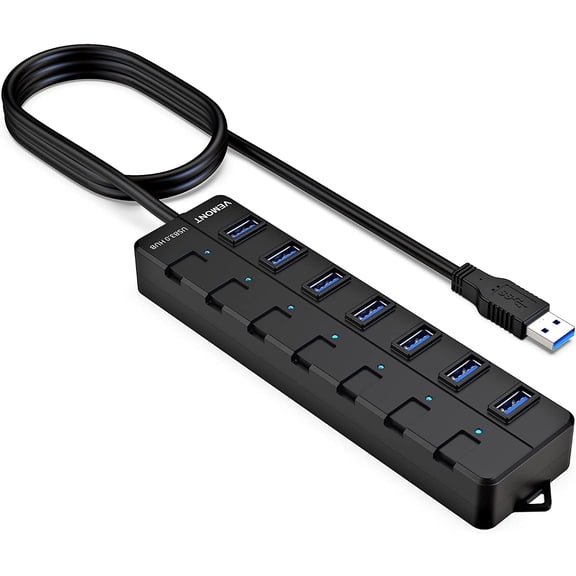 USB hub,7 Port 3.0 Hub, Splitter with Individual On/Off es and Lights, 4ft/1.2m HUB Long Cable, Extension for Laptop PC Computer