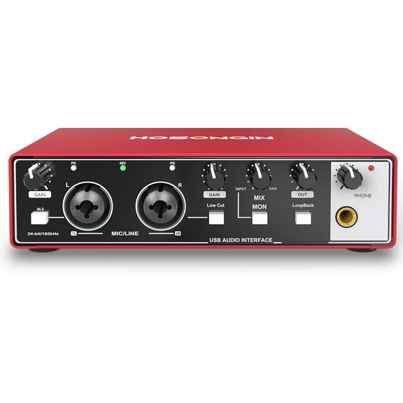 USB o Interface for Beginners - 24Bit/192kHz, 48V Phantom Power, Plug & Play Recording Podcast/Vocals/Guitar/Youtube, PC/Mac/iOS Compatible (New Red Metal)