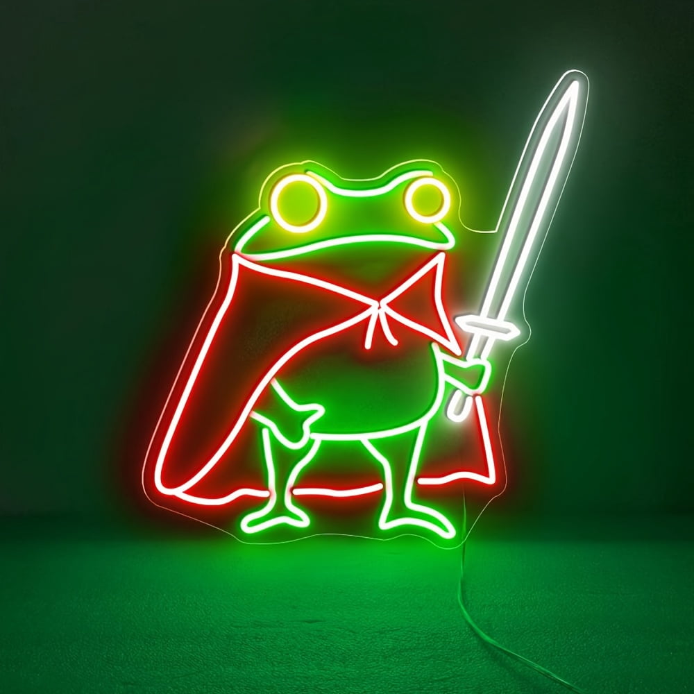 USB-powered Frog Prince neon sign with sword & cape. Vibrant green glow, durable plastic, easy mount. Perfect for kids' room or play area decor.