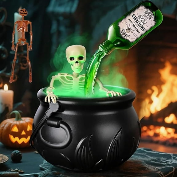 USB-powered Halloween Witch Cauldron with green glow effect and switch-controlled floating potion. Durable lightweight plastic decor for parties, desktop, or home. Spooky Halloween essential.