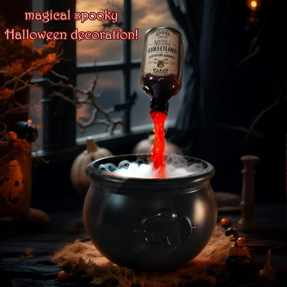 USB-powered Halloween Witch Cauldron with red glow effect and switch-controlled floating potion. Durable lightweight plastic decor for parties, desktop, or home. Spooky Halloween essential.