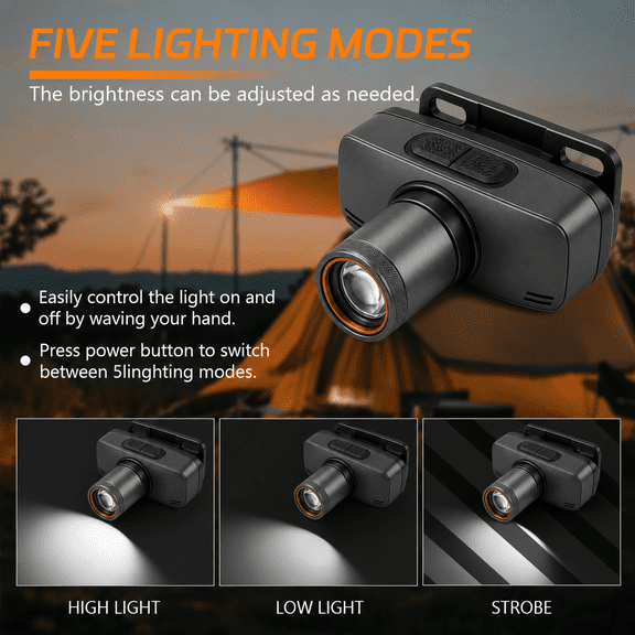 USB-C Rechargeable LED Headlamp Zoomable Headlight with 3 Lighting Modes and 90 Adjustable Angle Portable Hands Free Light for Camping Hiking Fishing and Emergencies