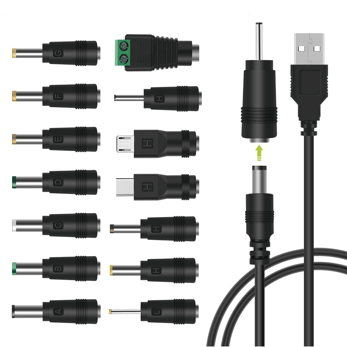 USB to DC Power Cable, DC 5V Power Cord 5.5 2.1mm Jack Charging Cable with 14 Interchangeable Plugs Addapters for 5V Devices