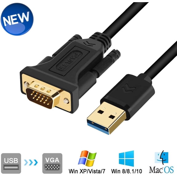 USB to VGA Adapter Cable 5FT Compatible with Mac OS Windows XP/Vista/10/8/7, USB 3.0 to VGA Male 1080P Monitor Display Video