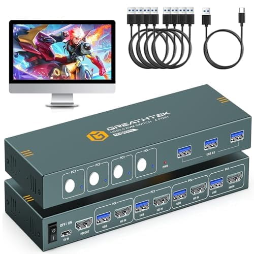 USB3.0 KVM Switch 4 RRF12 Computers 1 Monitors,4K@60HZ 4 Port HDMI KVM ...