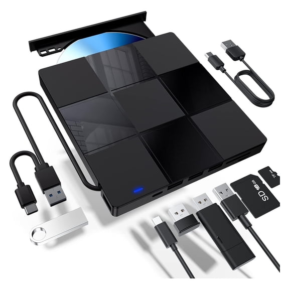 USB3.0 Ultra-Slim Portable External DVD CD +/-RW Burner Reader Drive USB-C Dual Interface ,Universal Compatibility