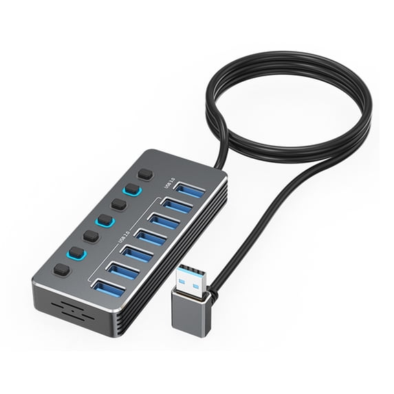 USB3.0 and USB 2.0 Hubs Aluminum 7Port Individual Controls LED Indicators Including Type C Power Supply for Stability