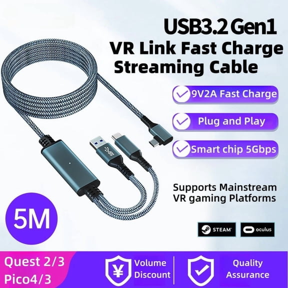 USB3.2 Gen1 VR Link Cable for Oculus Quest 3S/3/2 PICO Neo 3/PICO 4 USB-C 5Gbps Data Cord 9V 2A Fast Charge Cable VR Stream Line