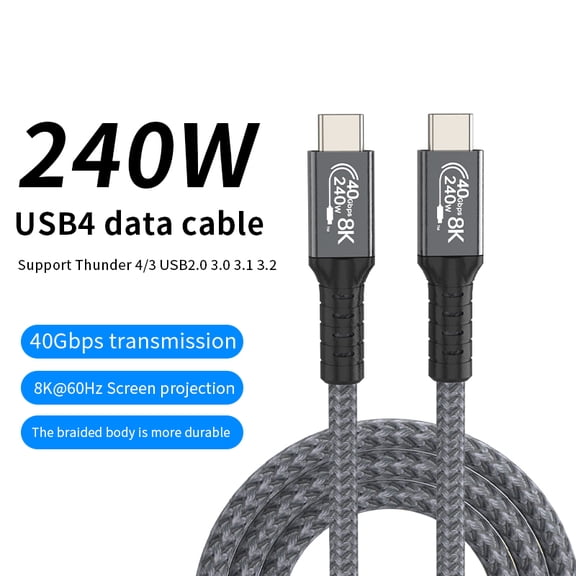 USB4 Cable 40Gbps 8K@60Hz Thunderbolt 4/3 Cable 240W Fast Charging Braided High Speed USB-C Video Cord Compatible with MacBook