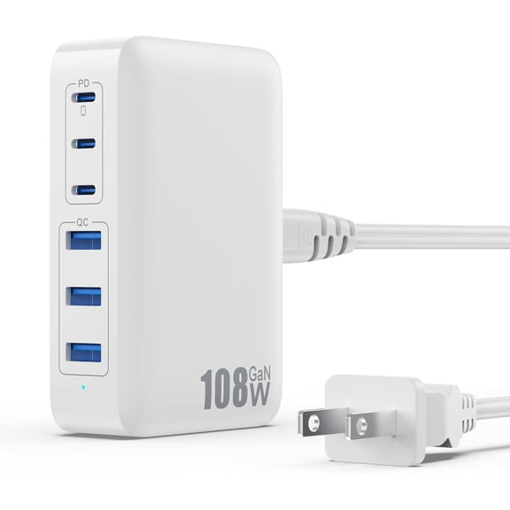 USBC Charger Block Charging Station,108W GaN III 6 Port 3xQC+3xPD Wall Charger Adapter Plug Cube,Super Fast Type C Charging Hub Box for iPhone 17 16 15 14 13 Pro Max iPad Samsung Pixel 5ft Cord-White
