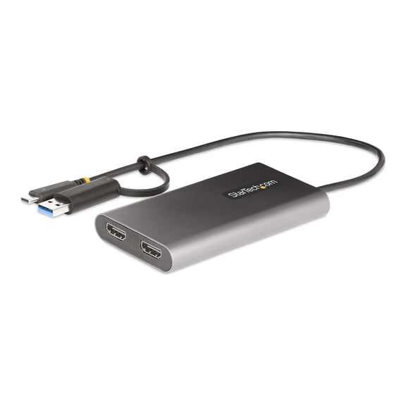 StarTech.com USB-C to Dual-HDMI Adapter, USB-C or A to 2x HDMI, 4K 60Hz, 100W PD Pass-Through, 1ft (30cm) Built-in Cable, External Video Graphics Adapter - USB to HDMI Multi-Monitor Converter for Laptop (109B-USBC-HDMI) - Adapter - TAA Compliant - USB Type A, USB-C male to 2 x 19 pin HDMI Type A, USB-C female - 30 cm - gray - 4K support, active
