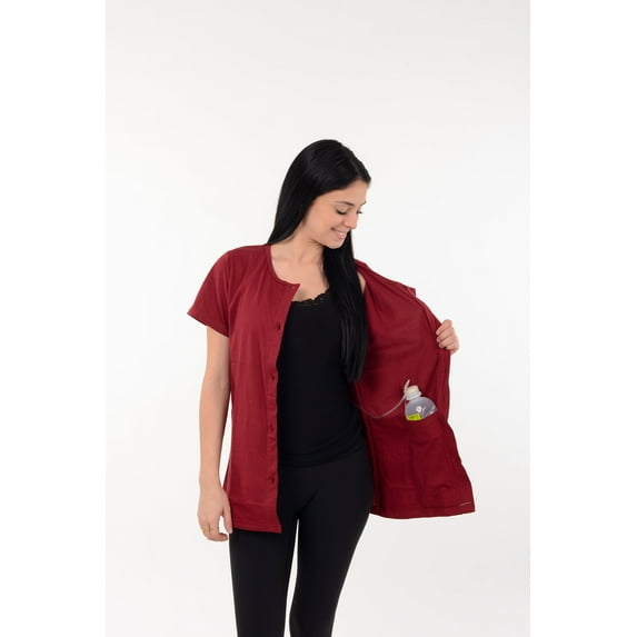 USBD Crew Neck Post Mastectomy Shirt with Drain Pockets Color: Maroon, Size: X-Large