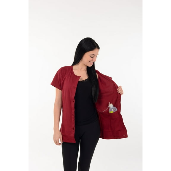 USBD Crew Neck Post Mastectomy Shirt with Drain Pockets Color: Maroon, Size: X-Large