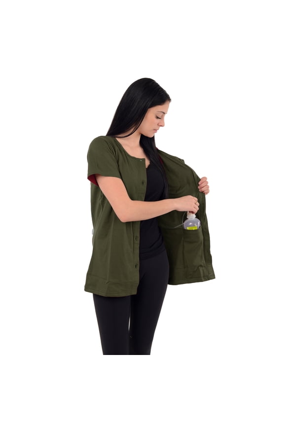 Crew Neck Post Mastectomy Shirt with Drain Pockets Color: Olive, Size: X-Large