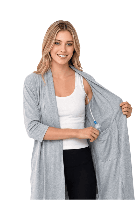 Post Mastectomy Robe With Inside Drain Pockets Women Recovery Bathrobe (Gray,Medium)