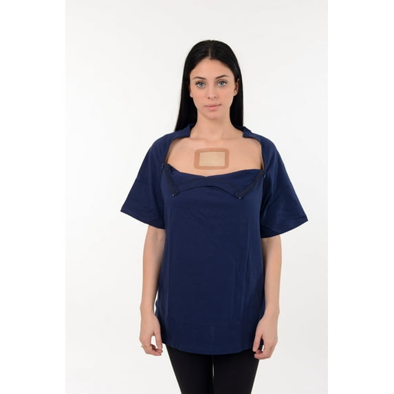 USBD Premium Port Access Chemo Tshirt Recovery Dual Access Tee Side Open Shirt Size: Large, Color: Navy/Women