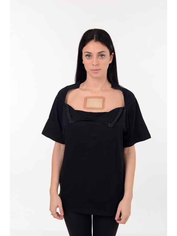 Premium Port Access Chemo Tshirt Recovery Dual Access Tee Side Open Shirt Size: Small, Color: Black/Women