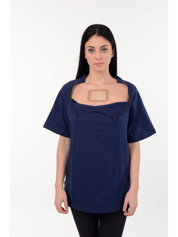 Premium Port Access Chemo Tshirt Recovery Dual Access Tee Side Open Shirt Size: Small, Color: Navy/Women