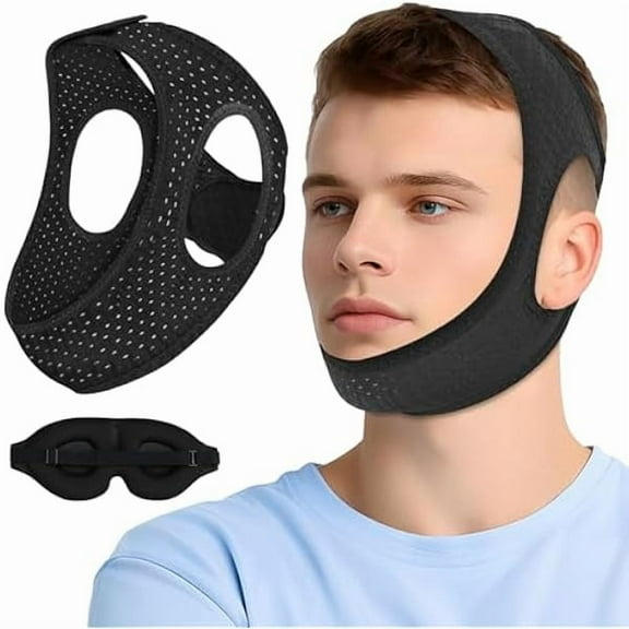 USBSO Chin Strap for Sleeping, Anti Snoring Devices Comfortable Effective Stop Snoring Solution, Snore Stopper Breathable, Anti Snore Chin Strap Adjustable Velcro, with Eye Mask, Black
