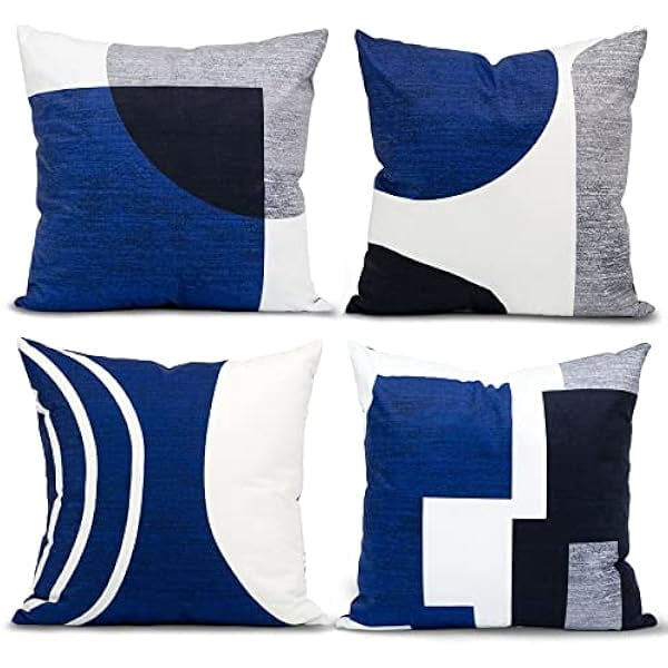 USBSO Set of 4 Blue Throw Pillows for Couch Navy Blue Black Gray White Silver Boho Decorative Pillow Covers Abstract Geometric Modern Pillowcases 18x18 inches for Bed Bedroom.