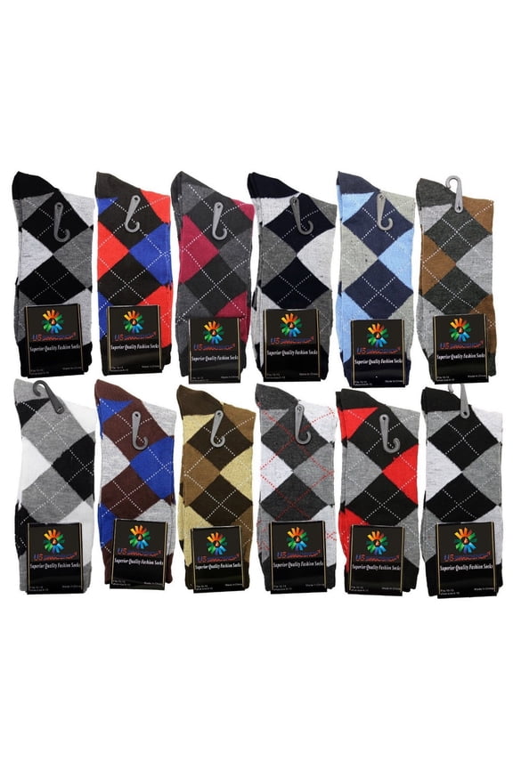 12 Pairs Men's Argyle Fashion Cotton Casual Dress Socks Soft Crew Socks