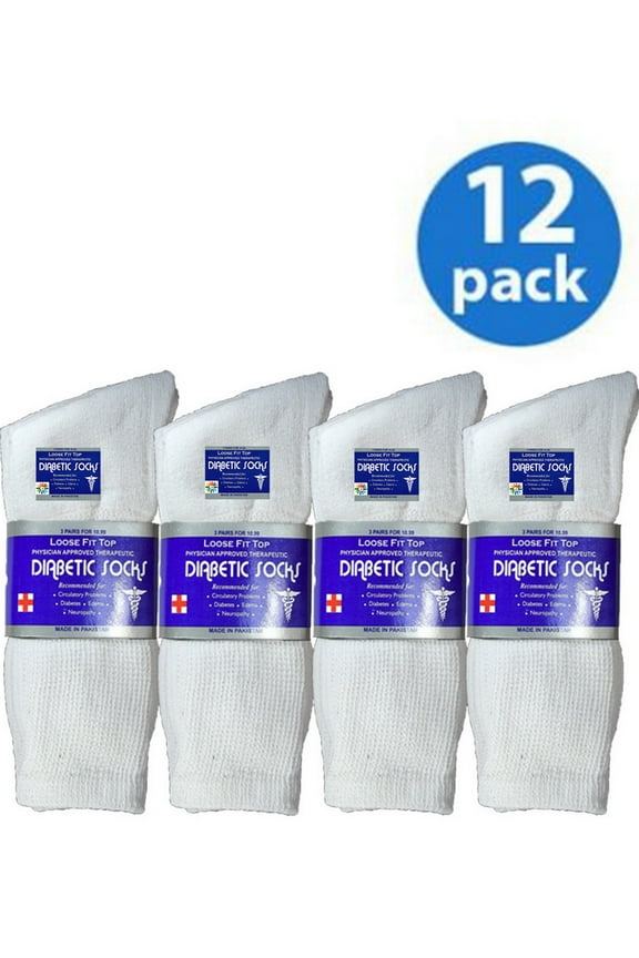 12 Pairs Mens White Gray Black Physicians Approved Cotton Crew Diabetic Socks
