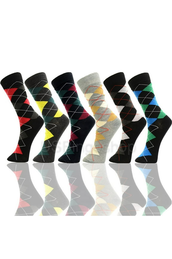 6 Pairs Men's Argyle Fashion Cotton Casual Dress Socks Soft Crew Socks